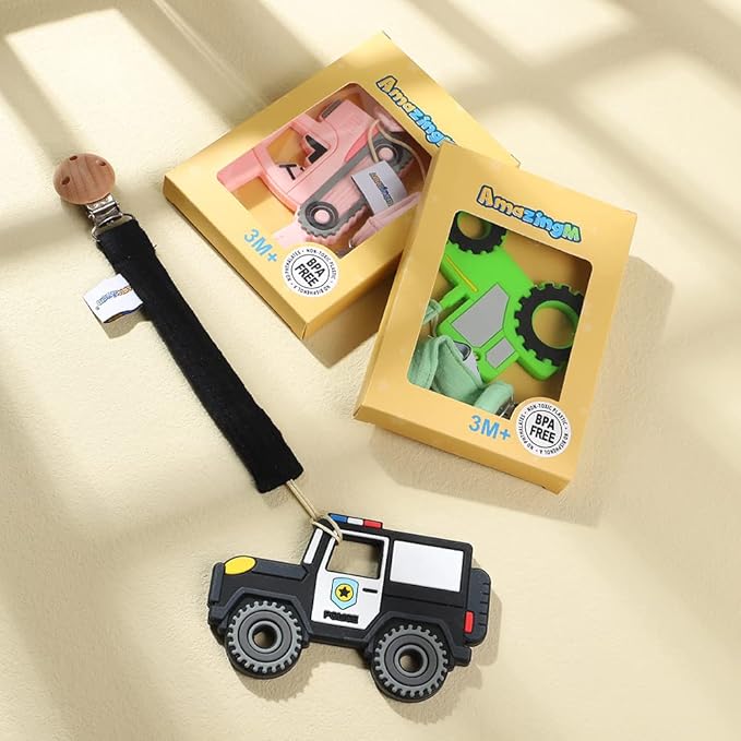 Baby Food Grade Silicone Car Teether Toy with Pacifier Clip Holder,Teething Pain Relief Toys Gift Set for 3 Months+ Boys and Girls,Freezer Safe,BPA Free (Police Car, Black)