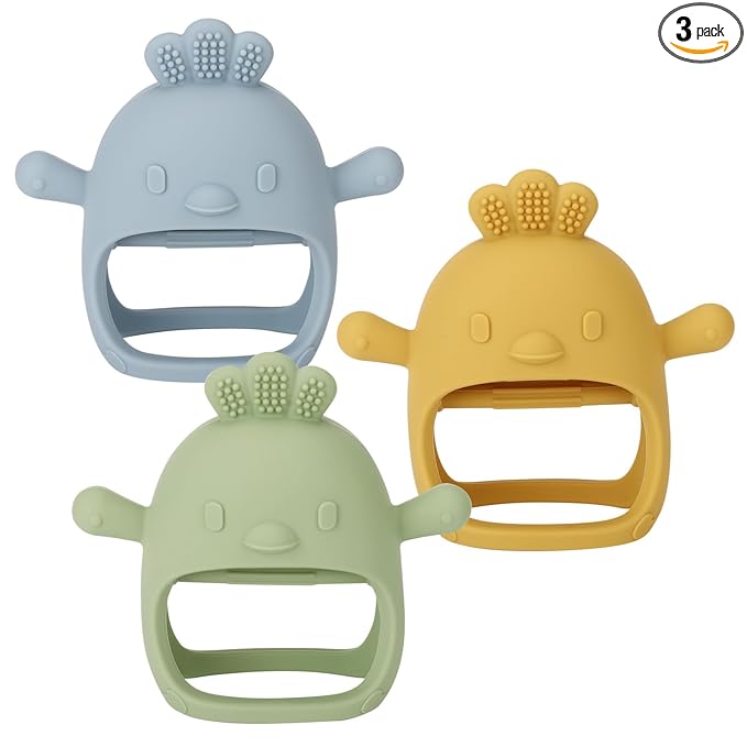 Socub 3 Pack Silicone Baby Teether Toys for Infants 3+ Months, BPA Free Anti-Drop Silicone Mitten Teething Toy for Soothing Sore Gums, Baby Chew Toys for Sucking Needs, Olive,Dusty Blue,Mango