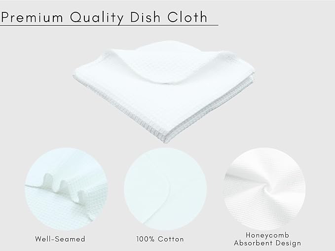 PurpleEssences Dish Cloths and Dish Rags - 8 Pack Waffle Weave Solid Kitchen Dish Wash Cloths, 100% Cotton, 12 x 12 Inches, Ultra Soft Absorbent Quick Drying - Fall Thanksgiving - White