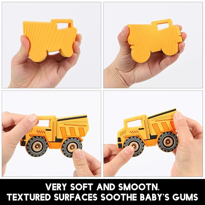 Baby Food Grade Silicone Vechicle Car Teether Toy with Pacifier Clip Holder,Teething Toys Gift Set for 3 Months+ Boys and Girls,Freezer Safe,BPA Free (Dump Truck).
