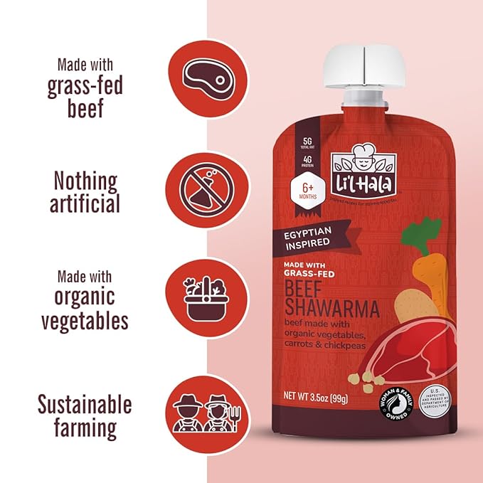 Li’l Hala Baby Food Pouches with Meat – Variety Pack of Toddler Puree Meals – Free-Range Chicken & Grass-Fed Beef – Organic Veggies, Protein & Healthy Fats – 6+ Months – 3.5 oz (6 Pack)