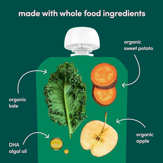 Cerebelly Organic Baby Food Pouches, Kale Sweet Potato Apple Purees, 16 Nutrients, No Added Sugar, Fiber & Non-GMO, 4oz, 12 Pack