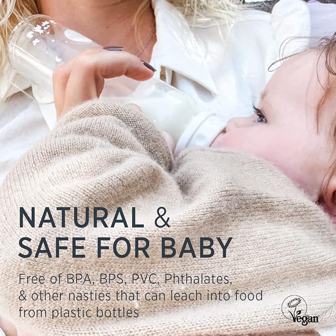 HEVEA Standard Neck Glass Baby Bottles - Natural Rubber Medium Flow Nipples - Anti Colic Baby Bottles for Breastfeeding Babies - 3+ Months - BPA-Free, Two-Pack (8 Oz)