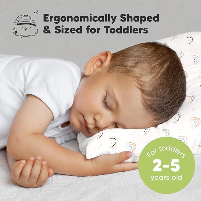 KeaBabies Toddler Pillow with Pillowcase, Jumbo 14X20 - Soft Organic Cotton Toddler Pillows for Sleeping - Machine Washable - Perfect for Travel, Toddler Bed Set (Jolly Rainbow)