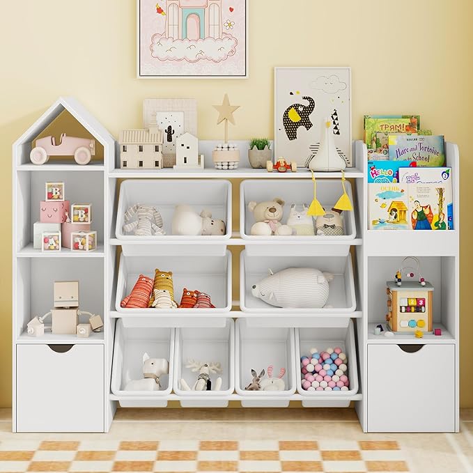 Vabches Kids Toy Organizer with 8 Removable Toy Bins, 4-Tier Toy Storage Organizers W/4 Storage Cubbies, Bookshelf 2 Toy Storage Box on Wheels for Playroom, Kids Room, Nursery Room, White