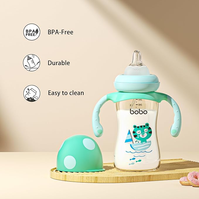 YOHKOH Natural PPSU Baby Bottle with Natural Response Nipple, Newborn Anti-Colic Baby Bottles with Handle, Wide Neck Mushroom Cap Baby Bottle (8.8oz (Pack of 4), Blue)