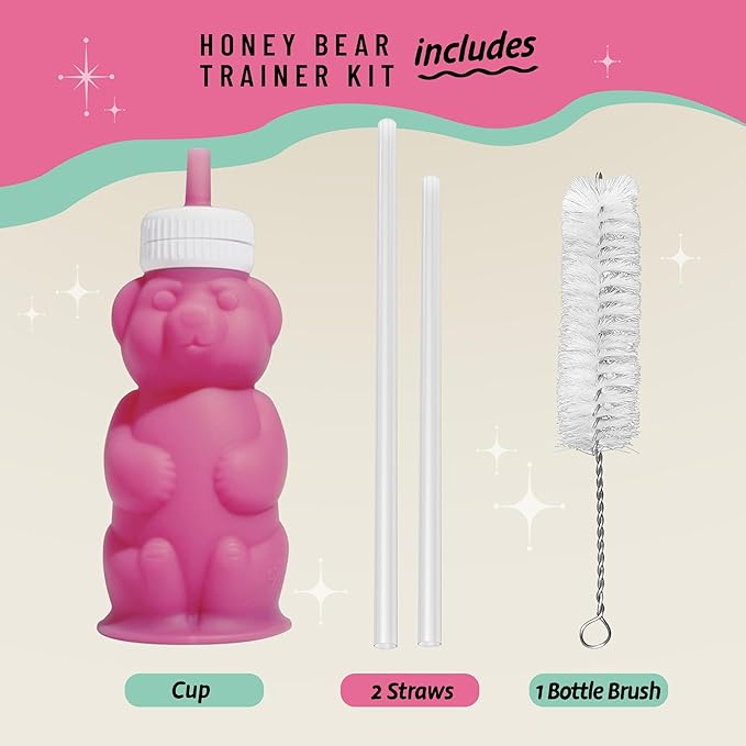 Legendairy Milk Honey Bear Straw Cup Silicone for Babies (Green/Raspberry), 8 oz. Dishwasher Safe Baby Straw Cup, Food Grade Silicone, Honeybear Sippy Cup for Ages 4+ Months (Pack of 2)