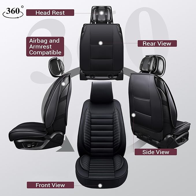 OASIS AUTO Car Seat Covers Premium Waterproof Faux Leather Cushion Universal Accessories Fit SUV Truck Sedan Automotive Vehicle Auto Interior Protector Front Pair (OS-001 Black)