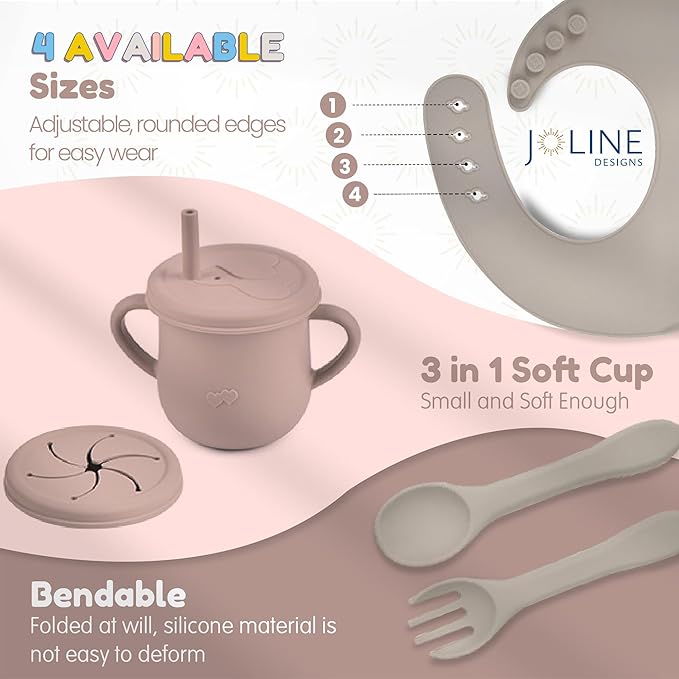 Silicone Baby Feeding Set - Perfect silicone plates for baby & Toddler Plates with lids, Baby Bowls with Suction, Baby Utensils - Baby Led Weaning Supplies & Eating Essentials - (Gray)