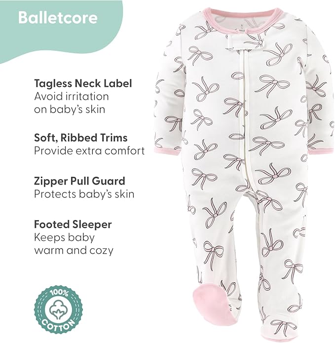 The Peanutshell Baby Sleepers for Girls Set of 3 - Soft Cotton Footed Pajamas for Newborns & Infants - Pink Balletcore