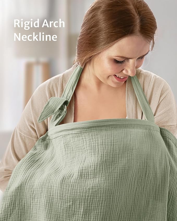 Blissful Diary Muslin Nursing Cover for Breastfeeding, Breathable Breastfeeding Cover up with Arch Neckline for Women, Nursing Apron(Sage Green)