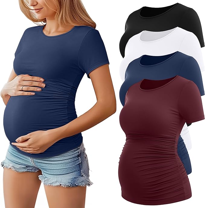Huukeay 4 Pack Women's Maternity Shirts, Crew Neck Maternity Top Short Sleeve Casual Cotton Tee Side Ruched Pregnancy Clothes