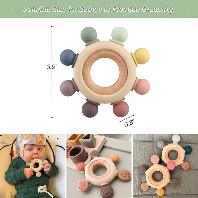 Baby Teething Toys, Silicone Chewable Teethers with Wooden Ring for Soothing Babies Gums, Rudder Chewers Shower Gift for lnfants & Toddlers, 3+ Months (8 Directions, Gray)