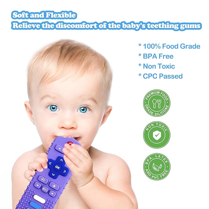 Baby Teething Toys, Food Grade Silicone Teether for Babies 3 6 12 18 Months, TV Remote Shape Toddlers Chew Toys, Freezer BPA Free (Blue+Beige)