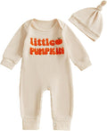 Newborn Infant Baby Boy Halloween Outfit Little Pumpkin Embroidery Romper Waffle Knit Long Sleeve Jumpsuit with Hat
