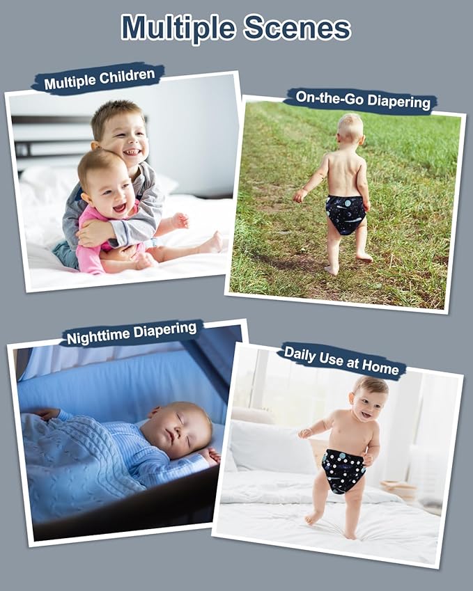babygoal Reusable Charcoal Cloth Diapers with Double Gussets, 3 Pack Washable Baby Pocket Diapers with 3pcs Charcoal Inserts and Wet Dry Bag(Space,Moon,Star,Rocket)