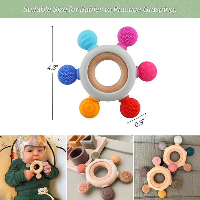 Baby Teething Toys, Silicone Chewable Teethers with Wooden Ring for Soothing Babies Gums, Rudder Chewers Shower Gift for lnfants & Toddlers, 3+ Months (6 Directions, Rainbow)