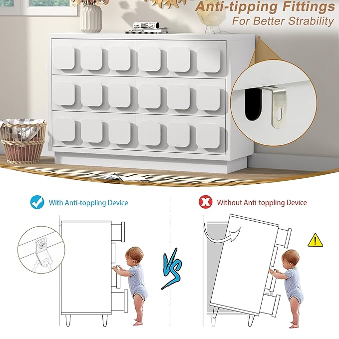 Anbuy White Baby Dresser for Bedroom, Dresser for Baby with 6 Drawers, Storage and Organization Unit with Square Handles for Nursery, Kids Bedroom
