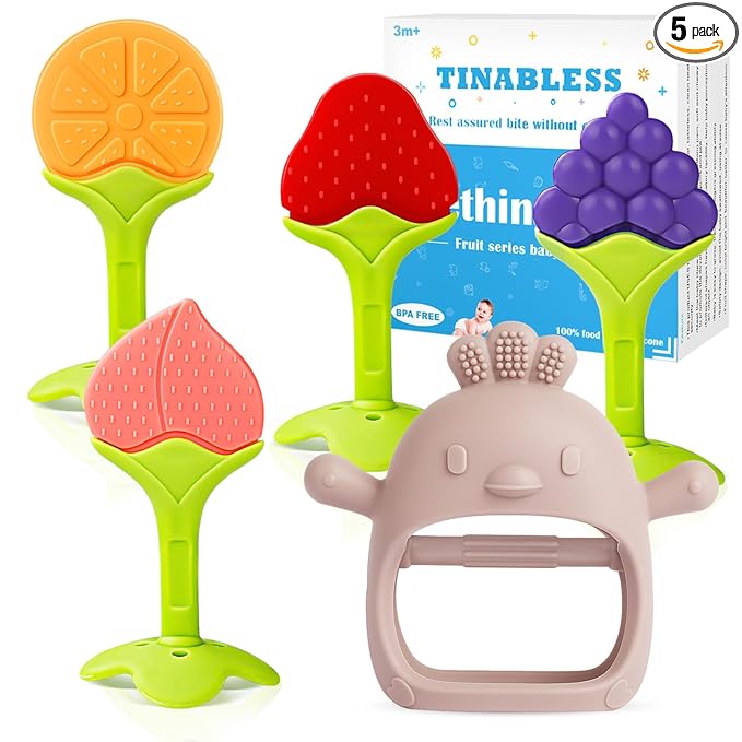 Teething Toys (5 Pack) - Tinabless Infant Teething Relief Toys&Teething Mitten Set, Food Grade Silicone Anti Dropping Wrist Hand Teethers Baby Chew Toys for Sucking Needs, Silicone Baby Teethers(Pink)