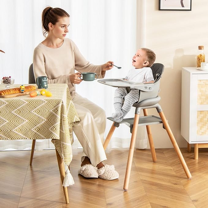 BABY JOY Baby High Chair, 6 in 1 Convertible Wooden Highchair for Babies & Toddlers with Adjustable Legs, Removable Double Tray, Safety Harness & Waterproof PU Cushion (Gray)