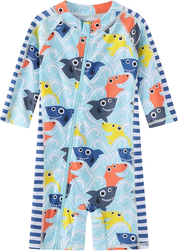 Toddler Baby Boys Swimsuit Rashguard One Piece Zipper Bathing Suit with Sun Hat Infant Swimwear Sunsuit UPF 50+