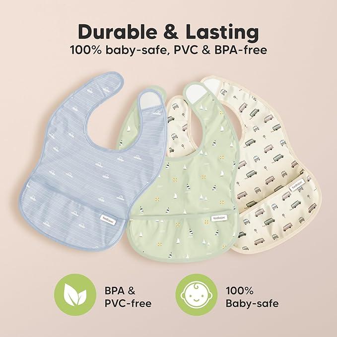 3-Pack Waterproof Baby Bibs for Eating - Lightweight Toddler Feeding Bibs with Large Food Catcher, Mess Proof, Food-Grade Baby Eating Essentials, Easy to Put On & Clean (Vessels)