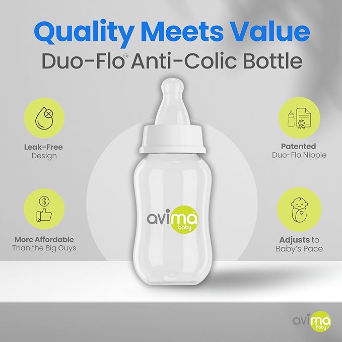 Avima 4 oz Anti Colic Baby Bottle Set - Slow Flow Nipples Included, Standard Neck, BPA Free - Newborn 0-3 Months, Stage 1 Feeding for Gas, Spit Up & Colic (Set of 8)
