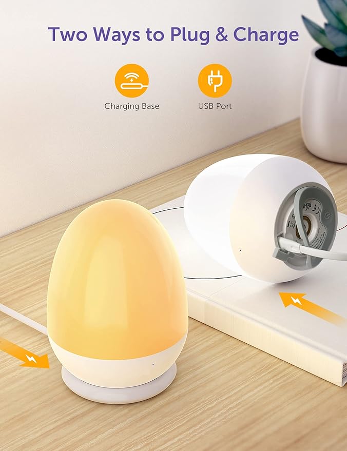 Baby Night Light for Kid, Portable Egg Nightlight with Stable Charging Pad, Touch Nursery Night Lamp for Breastfeeding, Toddler Night Light for Bedroom, Timer Setting, ABS+PC, White-2