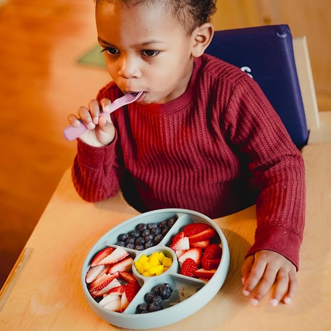 Talktools Bitsy Feeding Kid's Essentials Plate Set – Toddler Utensils, Spoon and Fork, Plate Lid, Perfect for Mealtime – Strong Suction Toddler Plates with 4 Compartments (Spoon/Fork-Bubblegum)