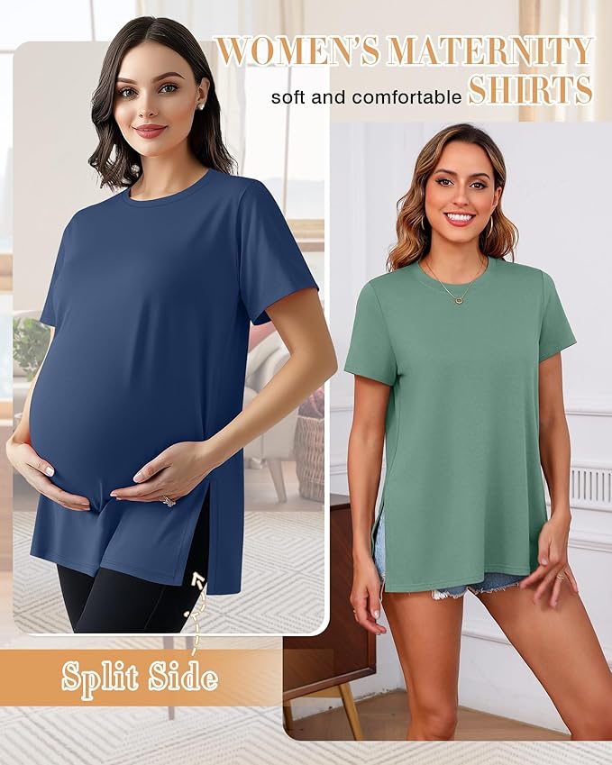 Ficerd 3 Pack Women's Maternity T Shirts, Short Sleeve Side Split Pregnancy Tops Casual Crew Neck Pregnant Tees Mama Clothes