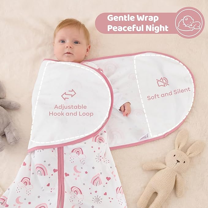 Baby Swaddle Sleep Sack 3-6 Months, Cotton Swaddles for Newborns Girls, 2-Way Zipper Transitional Infant Wearable Swaddling Blanket with Quiet Closure, 0.5 TOG 2 Pack Soft Pink Rainbow