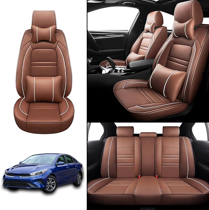 Car Seat Covers for kia Forte 2010-2024 | 5-Seats Seat Covers, Waterproof Seat Protectors, Automotive Seat Covers (Full Set with Pillow,Coffee)