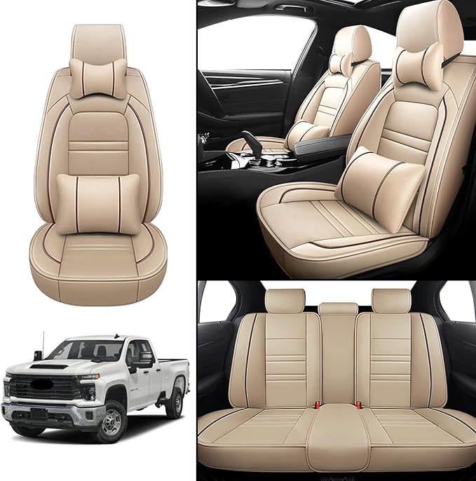 Car Seat Covers for Chevy Silverado 2500 2007-2025 | 5-Seats Seat Covers, Waterproof Seat Protectors, Automotive Seat Covers (Full Set with Pillow,Beige)