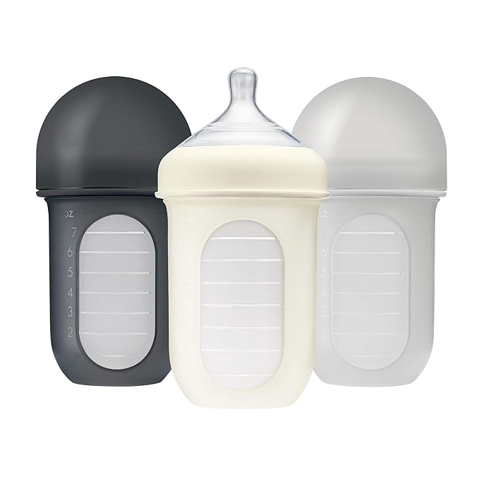 Boon Nursh Reusable Silicone Pouch Baby Bottles - Medium Flow Nipple - Silicone Baby Bottle Pouch and Nipple - Baby Feeding Essentials - Gray - 3-6 Months - 3 Count - 8 Ounce