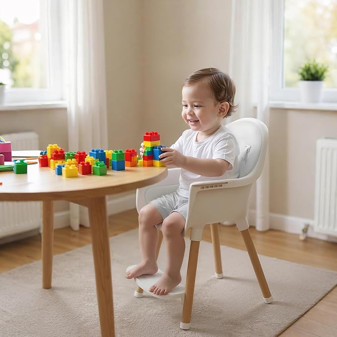 Baby High Chair, Wooden Highchair with Removable Tray, Adjustable Legs, Cushion, 5-Point Harness and Footrest for Infants, Baby, Toddlers, Gray
