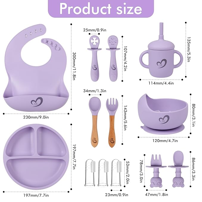 Silicone Baby Feeding Set Essentials,13 Pcs,Baby Led Weaning Supplies, Baby Spoons Suction Bowl Divided Plate Bib Cup Finger Brush,First Stage Solid Food Eating Utensils - 6 Months + (Blue Gray)