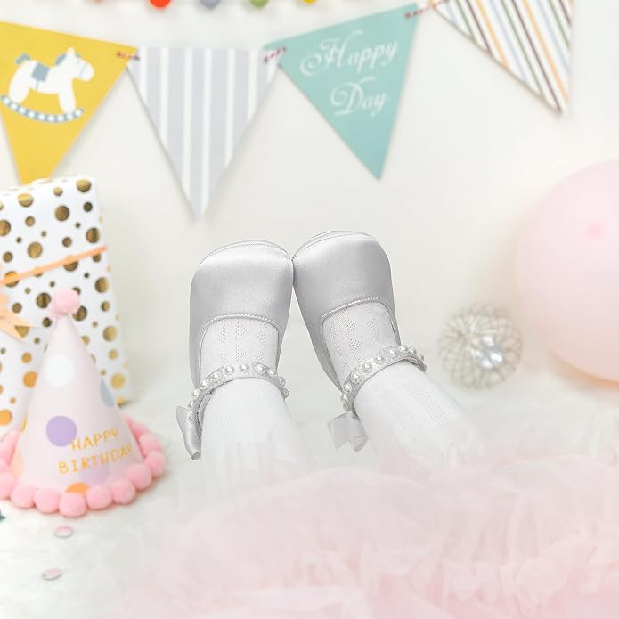 Baby Girls Mary Jane Flats - Infant Newborn Walking Shoes Soft Rubber Sole Princess Wedding