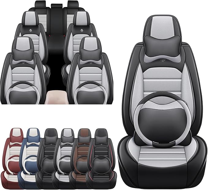JOJ Fit for Toyota Highlander 2001-2022 Car Seat Covers,7 Seat Car Seat Cover,No-Slip Waterproof Breathable Faux Leather,Full Set with Pillow Steering Wheel Covers,Black Gray