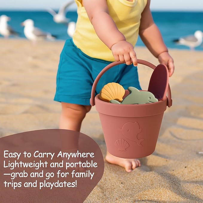 Silicone Beach Toys for Toddlers, Travel Friendly Sand Toys for Babies 6-12 Months, Collapsible Beach Bucket and Shovel Set with 6 Sand Molds for Kids, Family（Pink）