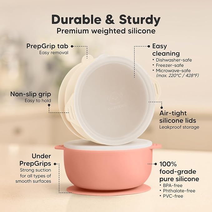 KeaBabies 2-Pack Baby Bowls with Suctions, Lids - Silicone Toddler Suction Bowls for Baby Boy, Girl, Kids, Food Grade Silicone, BPA-Free, Dishwasher Safe, Toddler Eating Essentials (Roseate)