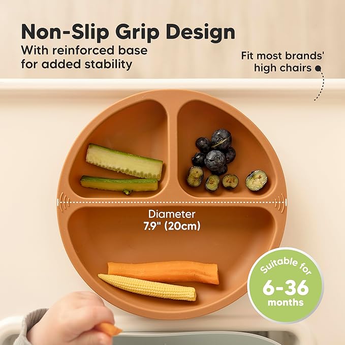 KeaBabies Suction Plates for Baby, Toddler - 3-Pack 100% Silicone Toddler Plates with Suction, Divided, BPA-Free Baby Led Weaning Essentials for Kids, Dishwasher, Microwave Safe, Durable (Terracotta)