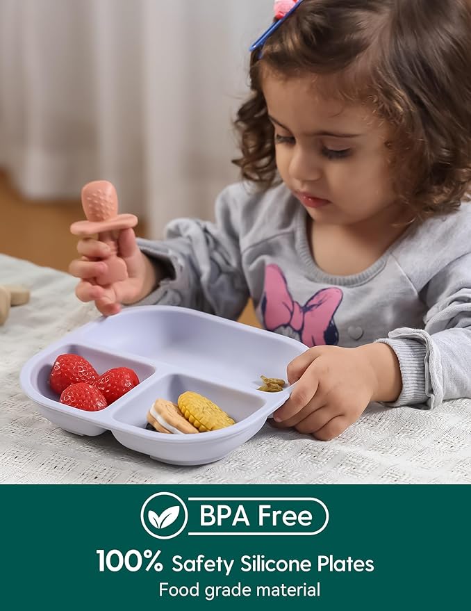 BABELIO Powerful Suction Plates for Baby & Toddler, 100% Food Grade Silicone, Divided, BPA Free, Microwave & Dishwasher Safe