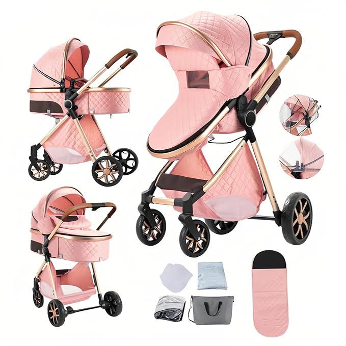 2 in 1 Baby Stroller with Bassinet Mode, Reversible Infant Pram, One-Click Folding, Newborn Travel Stroller, Convertible Toddler Standard Pram Carriage (X2US-Pink)