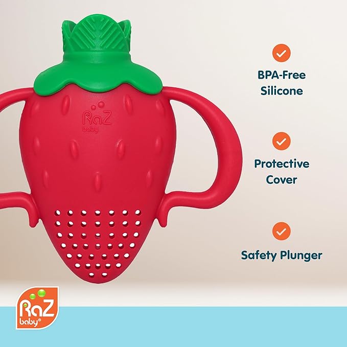 RaZbaby Fruitique Fruit Feeder One-Piece Baby – Larger Opening for Refilling & Fits More Fresh/Frozen Fruit for Teething Relief, Easy to Hold, Safer Design, BPA-Free, Dishwasher Safe - Banana