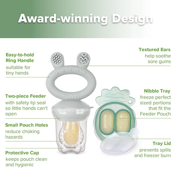 Haakaa Baby Fruit Food Feeder & Mini Freezer Nibble Tray Combo, Breastmilk Popsicle Molds for Baby Cooling Relief, BPA Free Silicone Feeder for Safe Infant Self Feeding, 4 Month+ (Slate Grey)