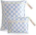 mushie Water Resistant Wet Bags | Large & Small Reusable Storage Bag for Baby Items and Travel | Zippered Pockets with Handle | Machine Washable, Set of 2 (Blue Check)