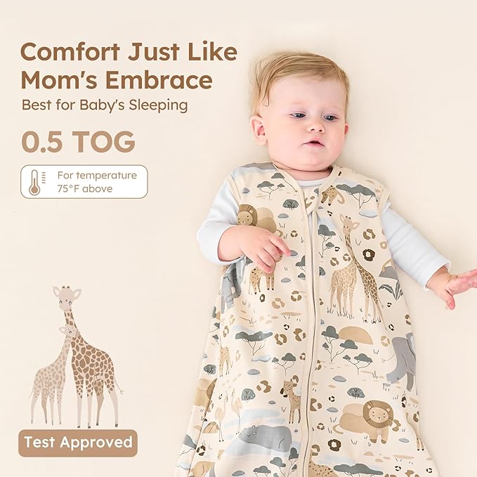 Baby Sleep Sack 6-12 Months 100% Cotton Lightweight 0.5 TOG Wearable Blanket Baby Sleep Bag with 2-Way Zipper for Newborn Infant Apricot Elephant