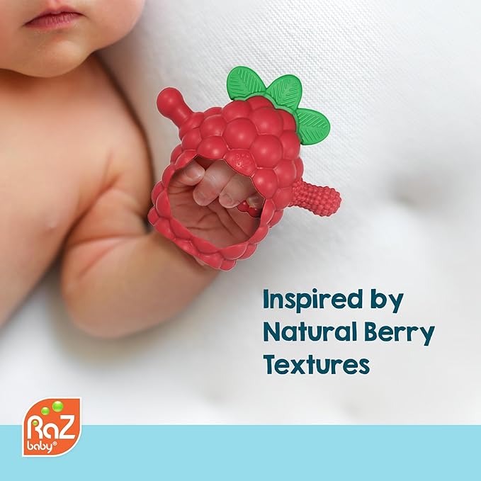 RaZbaby RaZberry Grip Silicone Teether Toy for 3M+ | Drop Resistant Hand Held Teether for Babies and Infants - Designed by Nature with Our Patented BerryBumps Multitextured Design | 3M+, Red