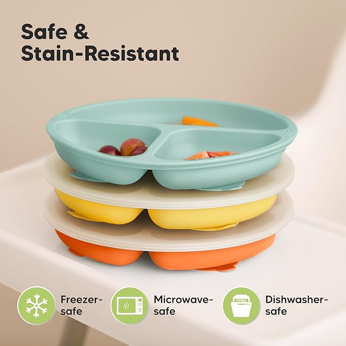 KeaBabies Suction Plates with Lids for Baby - 3-Pack 100% Silicone Toddler Plates with Suction, Divided, BPA-Free Baby Led Weaning Essentials for Kids, Dishwasher, Microwave Safe, Durable (Amaze)