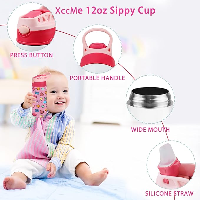 Kids Sublimation Tumbler,12oz Sublimation Water Bottle Blanks,Straight Stainless Steel Todder Sippy Cup,4PACK Double Wall Insulated Sippy Tumbler with Handle,Shrink Films,Leak Proof